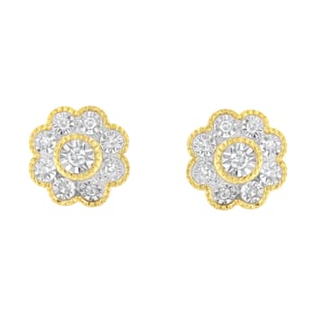14K Yellow Gold Over Sterling Silver 1/6ctw Miracle-Plate Set Diamond
Floral Stud Earrings