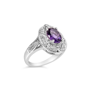 Sterling Silver 9x7mm Oval Purple Amethyst and Diamond Accent Art Deco
Style Cocktail Ring