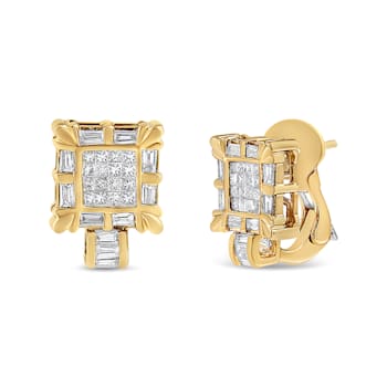14K Yellow Gold 7/8ctw Princess and Baguette-Cut Diamond Square Framed
Huggie Hoop Omega Earrings