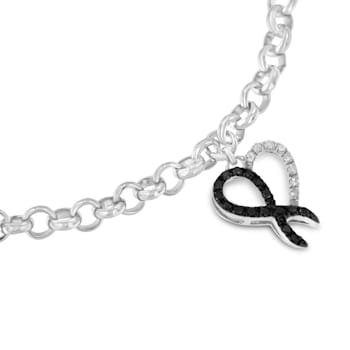 Sterling Silver 1/6ctw Black and White Diamond Heart Charm Bracelet
