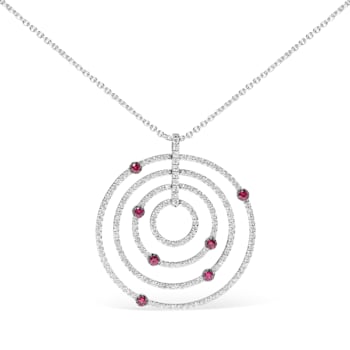 18K White Gold Round Red Ruby Gemstone and Round Diamonds Spiral
Statement Pendant Necklace