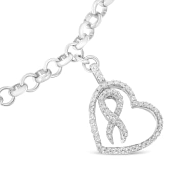 Sterling Silver .25ctw Diamond-Accented Heart and Ribbon Charm 7"
Link Chain Bracelet