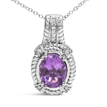 Sterling Silver Oval Amethyst and Round Diamond Accent Fashion Drop
Pendant 18 Inch Chain