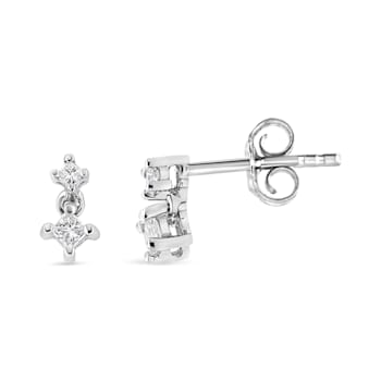 14K White Gold 1/4ctw Princess-Cut Double Diamond Drop and Dangle Stud Earrings