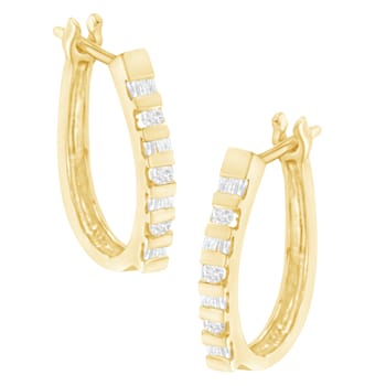 10K Yellow Gold 1/4ctw Round and Baguette Cut Diamond Oblong Hinged
Leverback Hoop Earrings