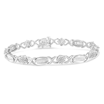 Sterling Silver 1.0ctw Round-Cut and Baguette-Cut Diamond X-Link Bracelet