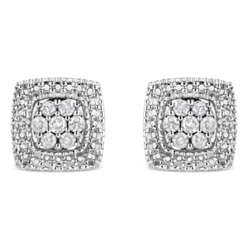 Sterling Silver 1/2ctw Diamond Miligrain Square Shape Stud Earrings