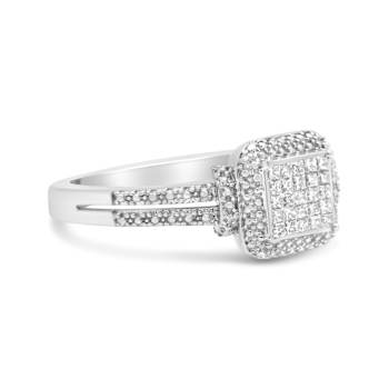 Sterling Silver 1/4ctw Princess-cut Diamond Composite Ring with Beaded Halo