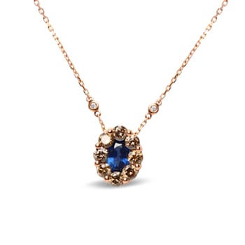 18K Rose Gold Oval Blue Sapphire and Brown Diamonds with White Diamond
Accent Halo Cluster Necklace