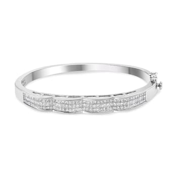 14K White Gold 3 1/3ctw Invisible Set Princess-Cut Diamond Wave Bangle Bracelet