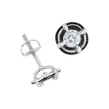 Black Rhodium Over Sterling Silver Round 1.0ctw Diamond Double Halo
Solitaire Stud Earrings