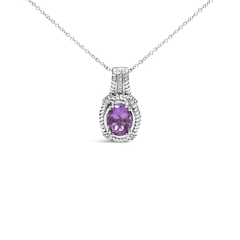 Sterling Silver Oval Amethyst and Round Diamond Accent Fashion Drop
Pendant 18 Inch Chain