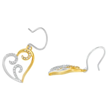 10K Two-tone Gold Round Diamond Heart Dangle Earrings 1/4ctw