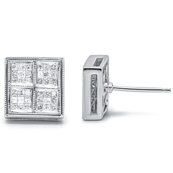 0.50ctw Princess Diamond Box Shape Milgrain Stud 14K White Gold Earrings