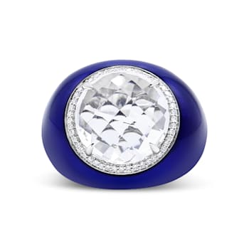 18K White Gold 14mm White Quartz and 1/5 Cttw Diamond Halo with Blue
Enamel Dome Ring
