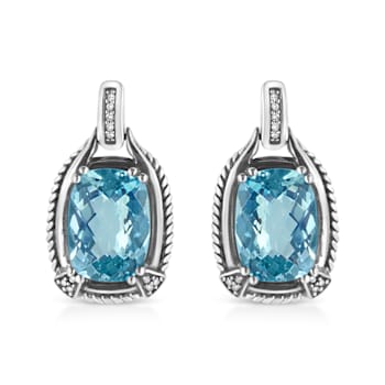 Sterling Silver 14x10MM Cushion Cut Blue Topaz Gemstone and Diamond
Accent Dangle Earrings