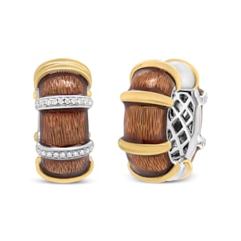 18K Two-tone Gold Over Sterling Brown Enamel 9/10ctw Diamond Huggies