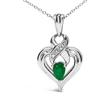 Sterling Silver Pear Emerald and Diamond Accent Heart Pendant Chain- 18 Inches