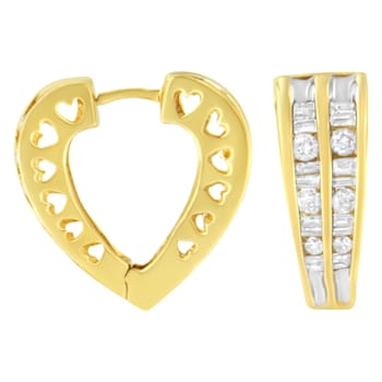 14K Two-Tone Gold 1.0ctw Channel Set Round and Baguette Diamond Multi
Row Huggie Hoop Earrings