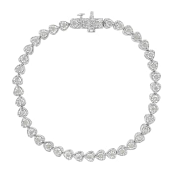 Rhodium Over Sterling Silver 1.0 Ctw Diamond Heart Tennis Bracelet