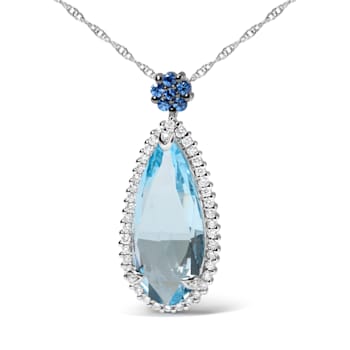 18K White Gold Pear Blue Topaz and Blue Sapphire and Diamond Drop
Pendant with Flower Design