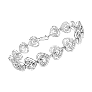 Sterling Silver .25ctw Round Diamond Double Heart Link Bracelet
