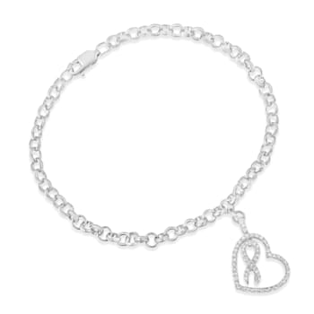 Sterling Silver .25ctw Diamond-Accented Heart and Ribbon Charm 7"
Link Chain Bracelet