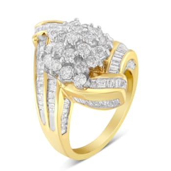 10K Yellow Gold Round and Baguette Diamond Crossover Cluster Ring (3ctw,
I-J Color, I1-I2 Clarity)