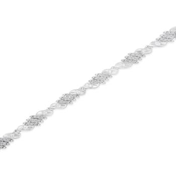 Sterling Silver 1.50ctw Round and Baguette Cut Diamond Wave Link Bracelet