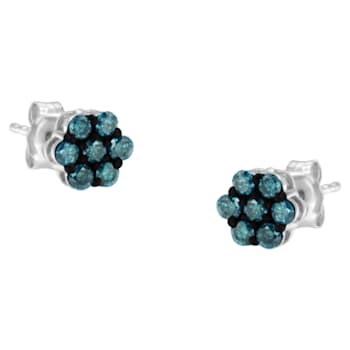 Sterling Silver Treated Blue Diamond Floral Stud Earrings .50ctw