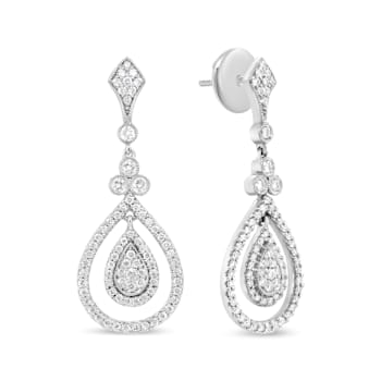 18K White Gold 1 1/4 Cttw Round Diamond Openwork Teardrop-Shaped Dangle Earrings