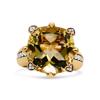 18K Yellow Gold 15x15mm Cushion Cut Lemon Quartz and 1/4 Cttw Diamond
Accented Cocktail Ring