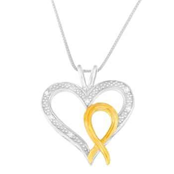 10K Gold Over Sterling Silver Two Toned 1/25ctw Diamond Heart-Ribbon
Pendant With Chain