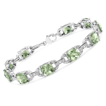.925 Sterling Silver 7x7 mm Cushion Cut Prasiolite and 1/20ctw Round Cut
Diamond Tennis Bracelet