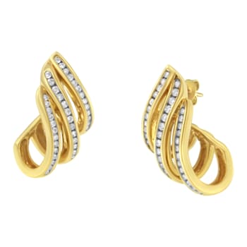 10K Yellow Gold 1.0ctw Round Diamond Spiral Multi Row Channel Set Hoop Earrings