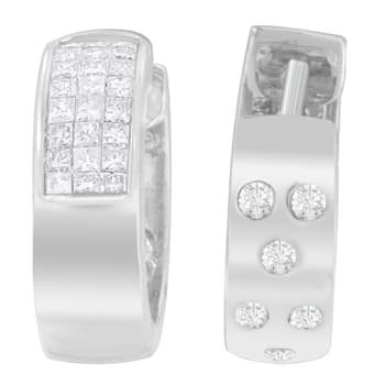 14K White Gold 1 1/8ctw Princess and Round Cut Diamond Huggie Earrings