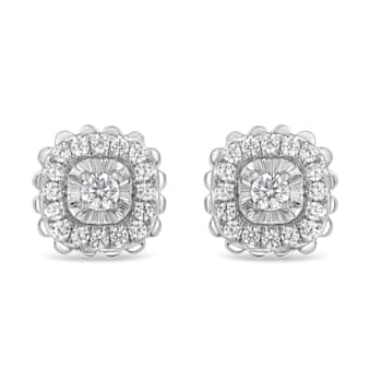 Sterling Silver 1/2ctw Round-Cut Diamond Halo Cluster Stud Earring