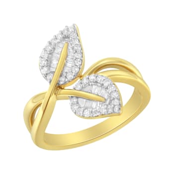 10K Yellow Gold 3/8ctw Round and Baguette-Cut Diamond Leaf Cocktail Ring
(I-J Color, I1-I2 Clarity)
