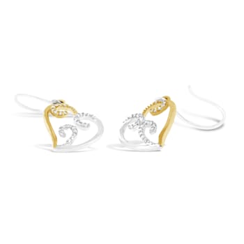 10K Two-tone Gold Round Diamond Heart Dangle Earrings 1/4ctw