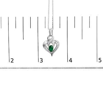 Sterling Silver Pear Emerald and Diamond Accent Heart Pendant Chain- 18 Inches
