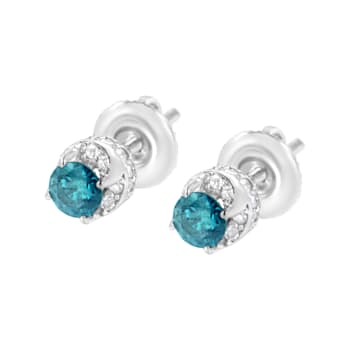14K White Gold 1/2ctw White and Treated Blue Round Diamond Earrings