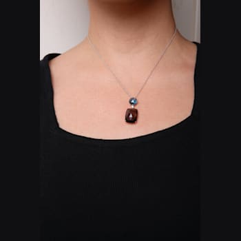 18K Two-tone Gold Cushion Cut Smoky Quartz and Round Blue Topaz Gemstone
with Diamond Accent Pendant