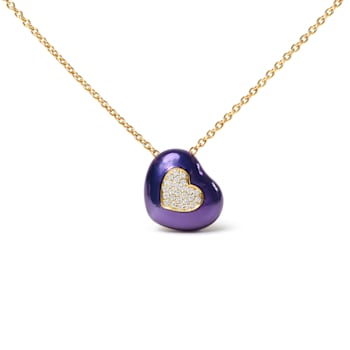 18K Yellow Gold Blue Enamel and Pave Round Diamonds Heart Design Pendant Necklace