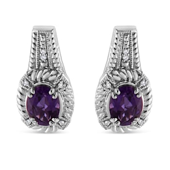 Sterling Silver 8x6 MM Oval Gemstone and Diamond Accent Art Deco Style
Drop and Dangle Earrings