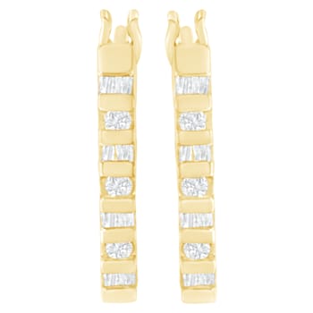 10K Yellow Gold 1/4ctw Round and Baguette Cut Diamond Oblong Hinged
Leverback Hoop Earrings