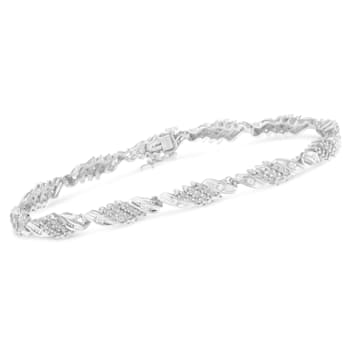 Sterling Silver 1.50ctw Round and Baguette Cut Diamond Wave Link Bracelet