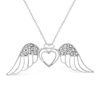 .925 Sterling Silver Pave-Set Diamond Accent Angel Wing 18" Double
Heart Pendant Necklace