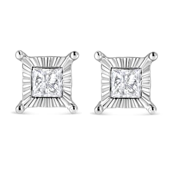 Sterling Silver 1.0ctw Miracle Set Princess-cut Diamond Solitaire Stud Earrings