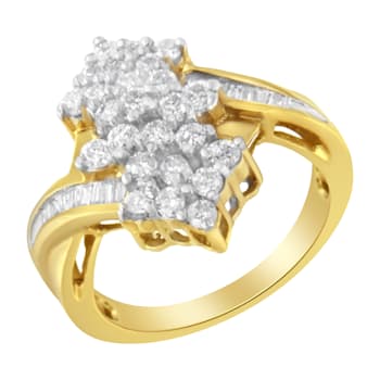 10K Yellow Gold Round And Baguette Cut Diamond Cluster Ring (1 1/10
Cttw, H-I Color, SI2-I1 Clarity)