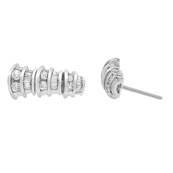 14K White Gold 7/8ctw Round and Baguette-cut Diamond Earrings